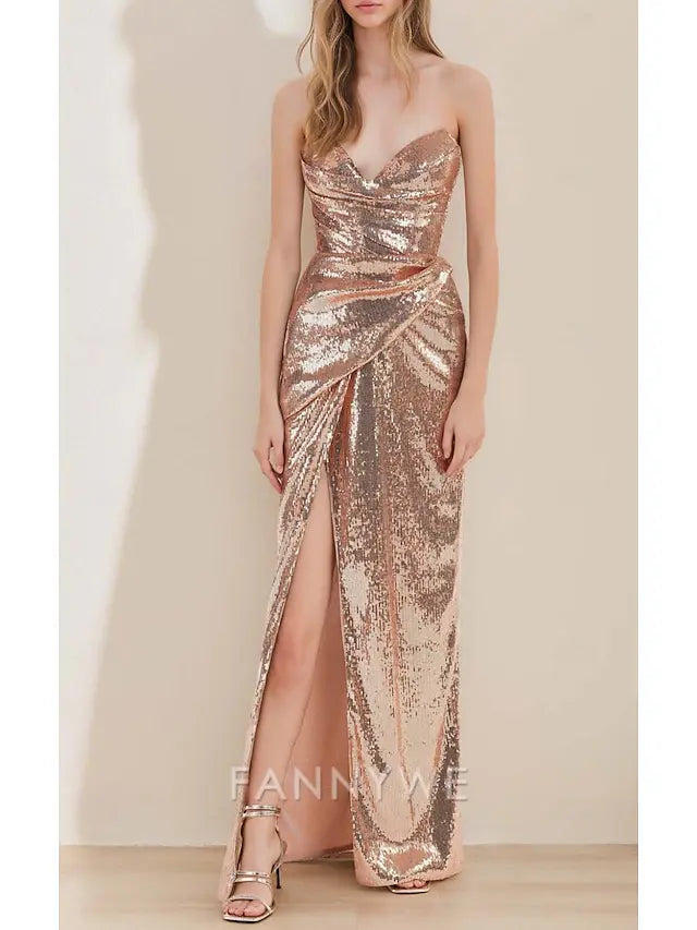 FannyWe Simple Mermaid / Trumpet Prom Dresses Elegant Dress Formal Prom Floor Length Sleeveless Sweetheart Sequined with Ruched Slit